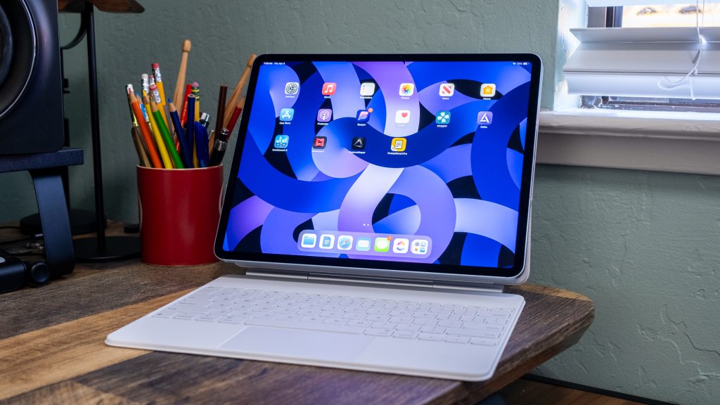 Apple iPad Air (2025) with a magic keyboard.