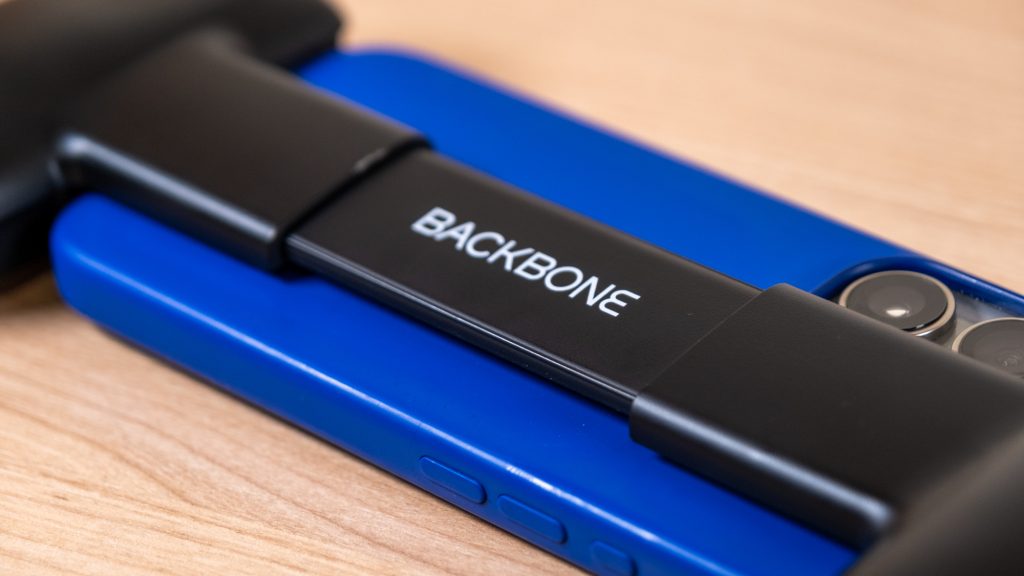 Back of the Backbone One controller with an iPhone 16 Pro in it.