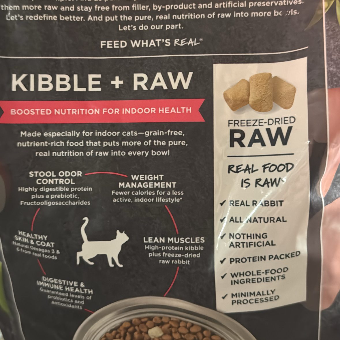 instinct the raw brand rawboost high protein kibble plus freeze-dried raw indoor health grain-free recipe with real rabbit farm-raised rabbit is the first ingredient back of bag