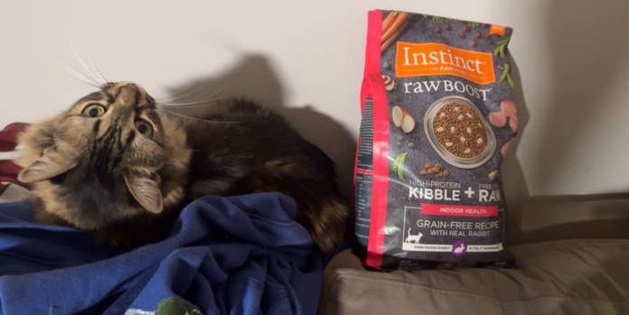 jennycat with instinct the raw brand rawboost high protein kibble plus freeze-dried raw indoor health grain-free recipe with real rabbit farm-raised rabbit is the first ingredient