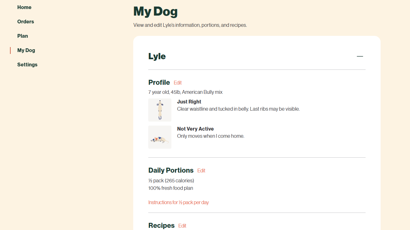 Dashboard view of my Farmer’s Dog account, where I can adjust meal plans, delivery schedules, and more. Lauren Hamer, In My Expert Opinion
