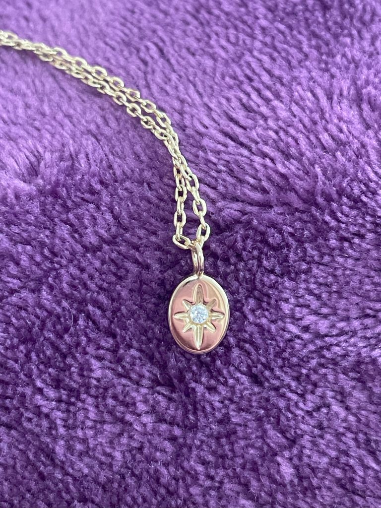 Close up of the Pavoi North Star Pendant Necklace.