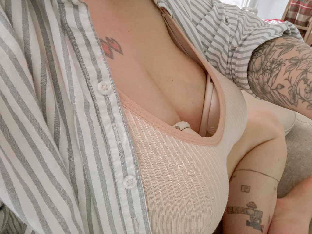 author wearing pumps under nursing bra