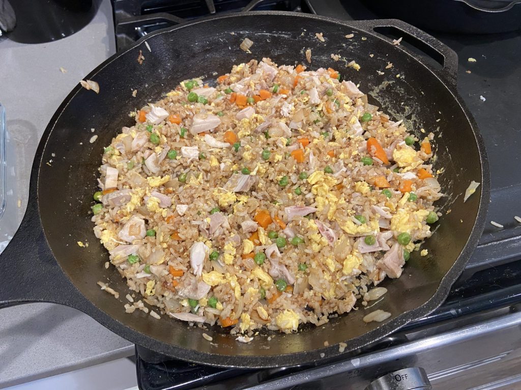 Lodge skillet with chicken fried rice