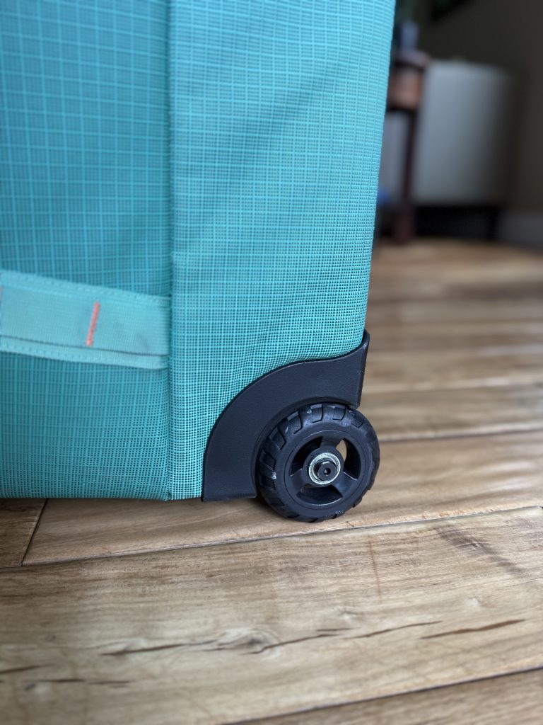 Close up of the wheels on the Black Hole Wheeled Duffel.
