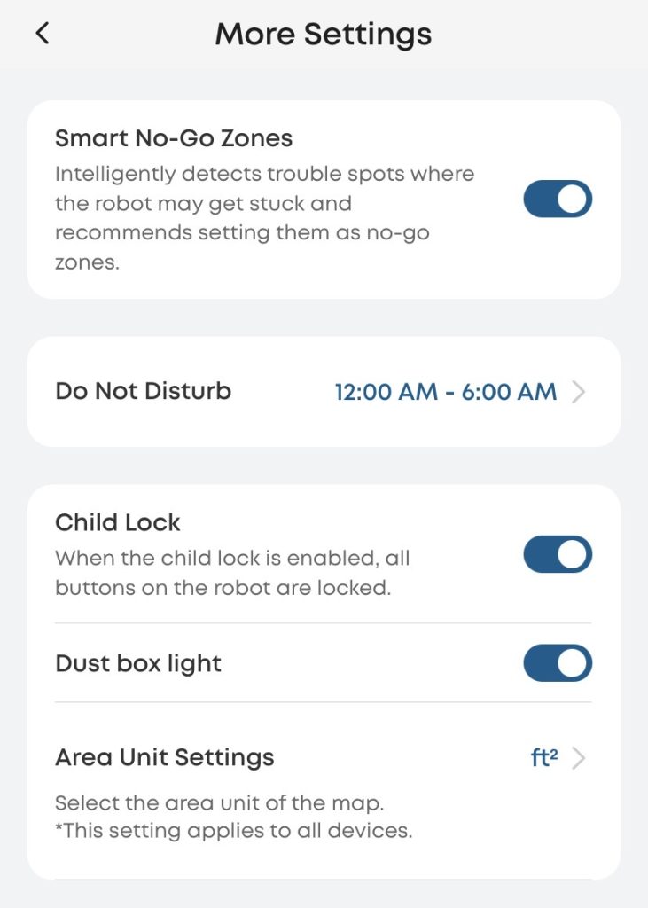 More Settings page for options in the app for the Omni S2.